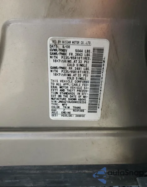 2009 Nissan Murano S from USA, damaged, VIN JN8AZ18U09W028256